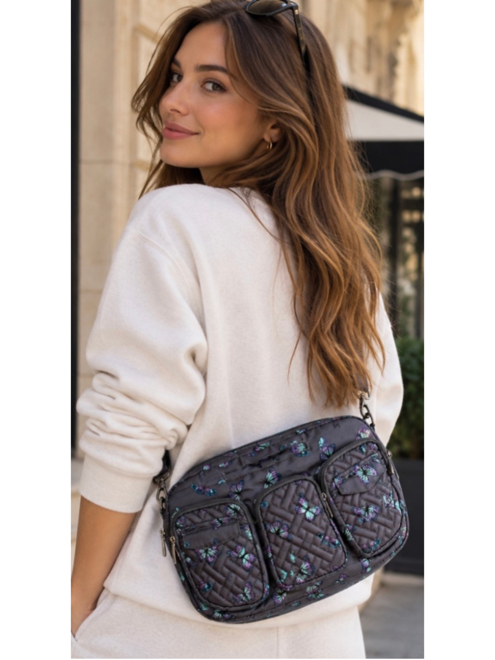 Lug Crossbody Railcar Crossbody Bag One Size Gray Purple Butterfly Print